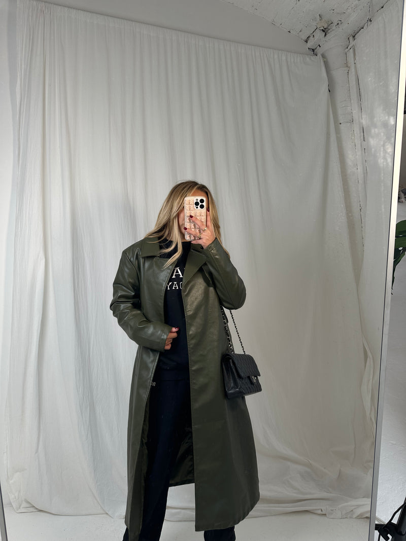 Khaki leather trench coat Aria Cove