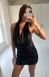 BLACK BACKLESS SATIN MINI DRESS SIZE S