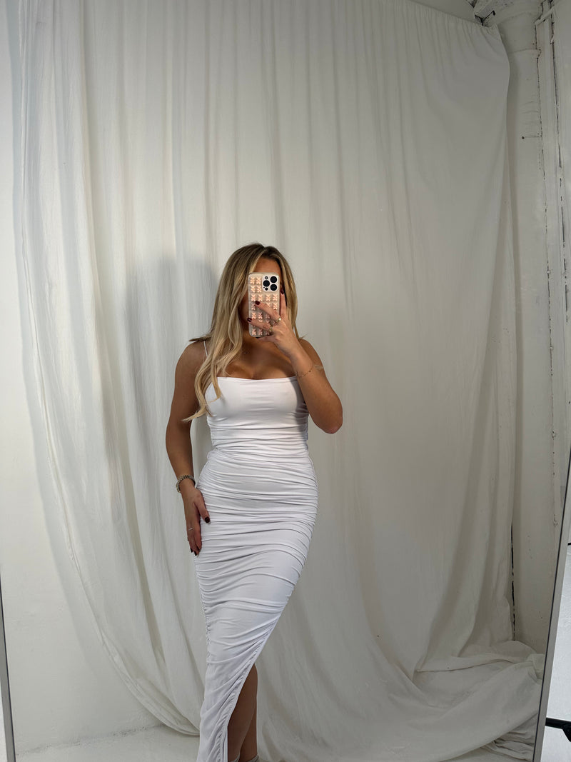 white ruched maxi dress