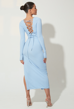 blue side slit midi dress